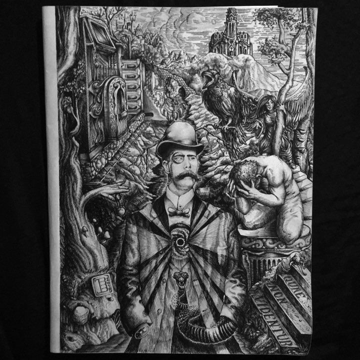Black and white, incredibly detailed. Includes a raven, a kneeling and anguished man, a hillside, a woman behind a tree, a serpent, a treehouse. All are being sucked into a void, that lays in the center of a well dressed and mustached man in a top hat.